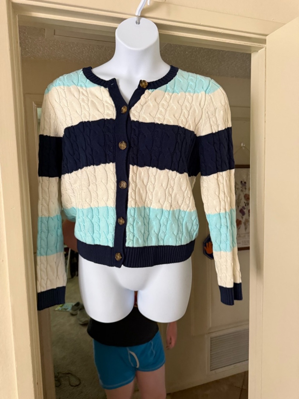 Lands' End Striped Cable-Knit Cardigan – Navy, Cream & Light Blue